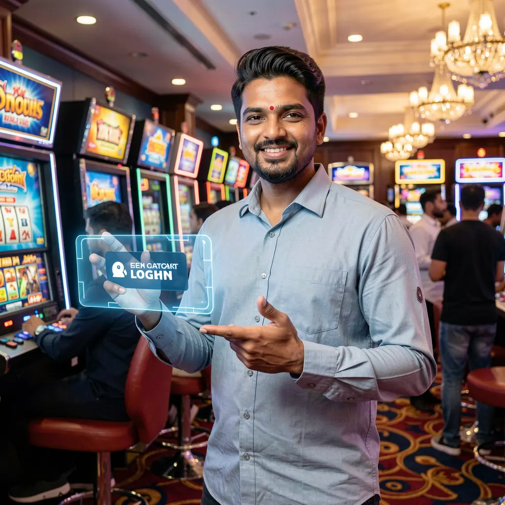 Confident Bangladeshi casino professional pointing toward a glowing holographic login button in a vibrant 77BJ casino environment
