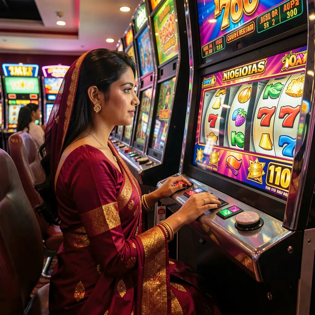 Confident woman in traditional attire enjoying modern slot machines in a luxury casino atmosphere at 77BJ in Bangladesh